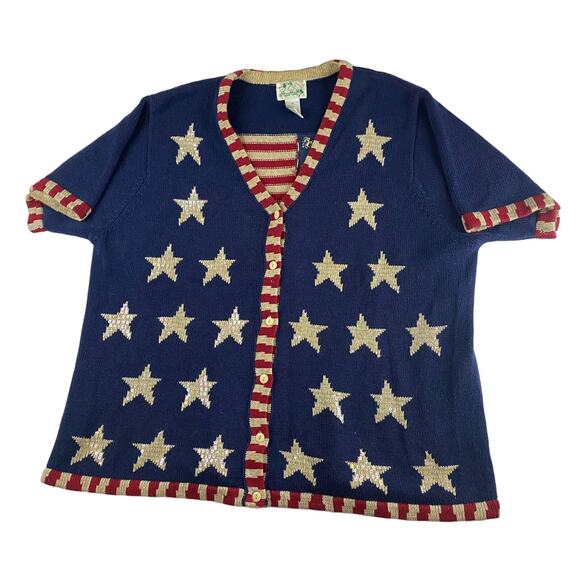 Quacker Factory Patriotic Stars Cardigan Navy Gold Red XL - Picture 1 of 5